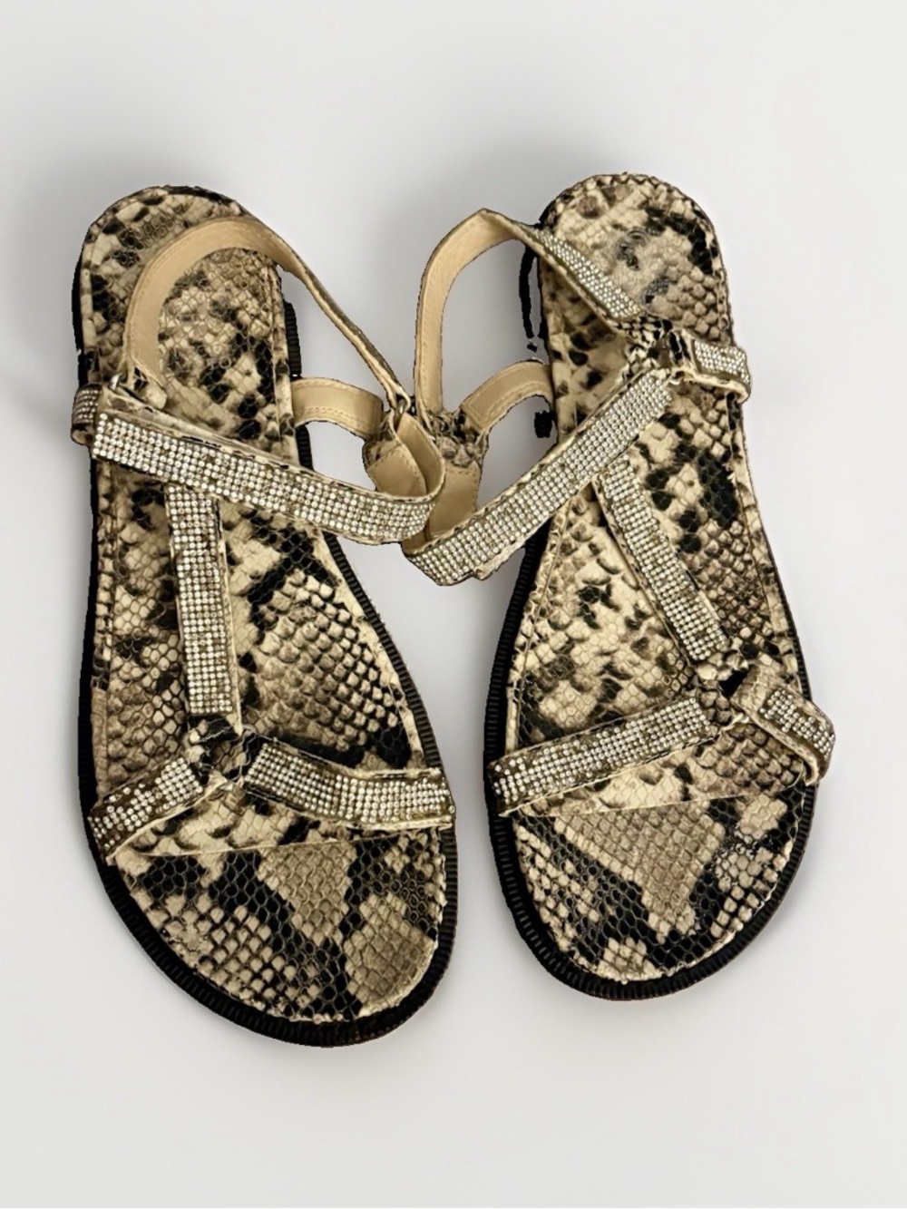 Vince Camuto Arabelem Sandals Snake-Print Leather w/ Rhinestone Straps.